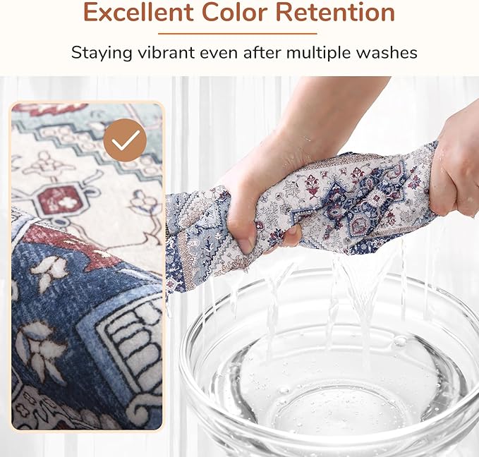 OPPODREAM Thin Entryway Rug 2x6, 2x6 Rug Runner, Washable Hallways Carpet 2 x 6 with Non Slip Backing, Low-Pile Bedside Carpet 2 x 6, Long, Faux Cashmere, Navy Blue & Red & Cream