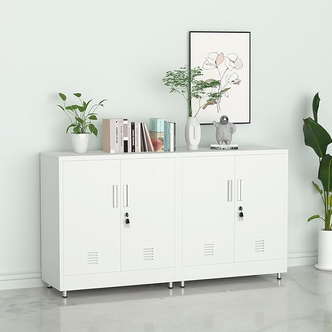 Metal Storage Cabinet with Locking Doors and Adjustable Shelf, Small Lockable Sideboard Buffet Cabinet for Home, Office, Entryway, Hallway, Living Room, Kitchen and Dining Room (White)