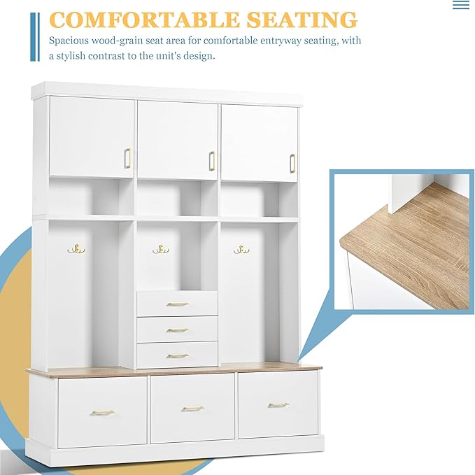 Merax 5-in-1 Hall Tree with Bench and Storage, Modern with Coat Rack, 6 Drawers, 3 Cabinets and 3-Tier Top Storage for Hallway, Entryway, Living Room, White