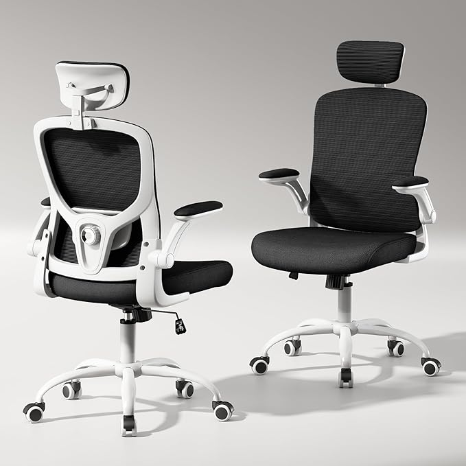 Ergonomic Office Chair with Headrest,Adjustable Back and Lumbar Support, Arm Rest Computer Chair Adults,90-120° Tilt Lock Rolling Swivel,Home Office Task Chair(White-Black)