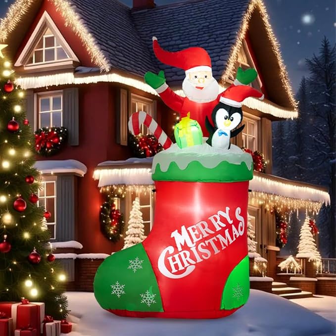 7FT Christmas Inflatable Socks with Santa Inflatable Outdoor Christmas Decorations Blow Up Yard Decoration with LED Lights for Christmas Fun Holiday Party Yard Garden Lawn Decor