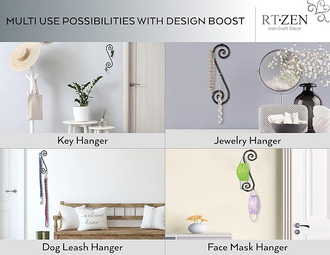 RTZEN Farmhouse Small Key Holder for Wall - Handcrafted Swirl Decorative 5 Key Hooks for Home Entryway - Wrought Iron Wall Mount Rack Purse Coat and Leash Holder or Organizer (Vertical Black)