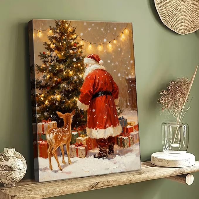 Santa's Reindeer & Christmas Tree Canvas Wall Art - Vintage Framed Canvas Prints for Living Room & Office, Festive Christmas Wall Decor Ready to Hang, Unique Christmas Gifts & Holiday Winter Decor