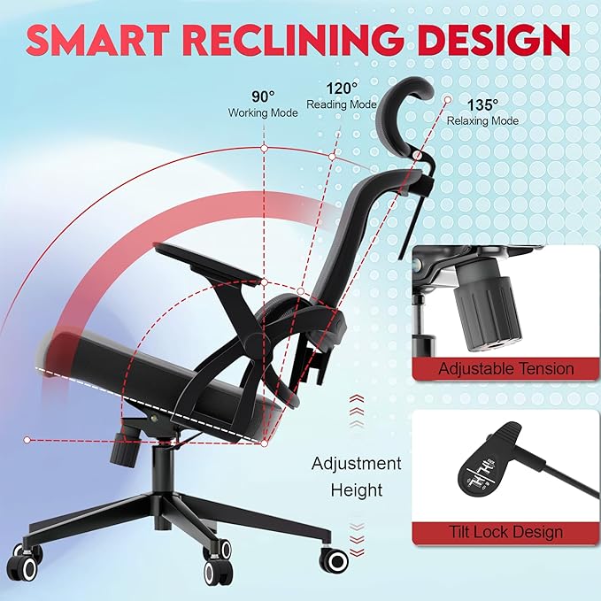 Ergonomic Office Chair - 400LB Comfy Desk Chairs with Adjustable Headrest and Lumbar Back Support, Mesh Computer Chairs with Wheels and Arms for Home Office, Study, Bedroom and Dorm (01black)