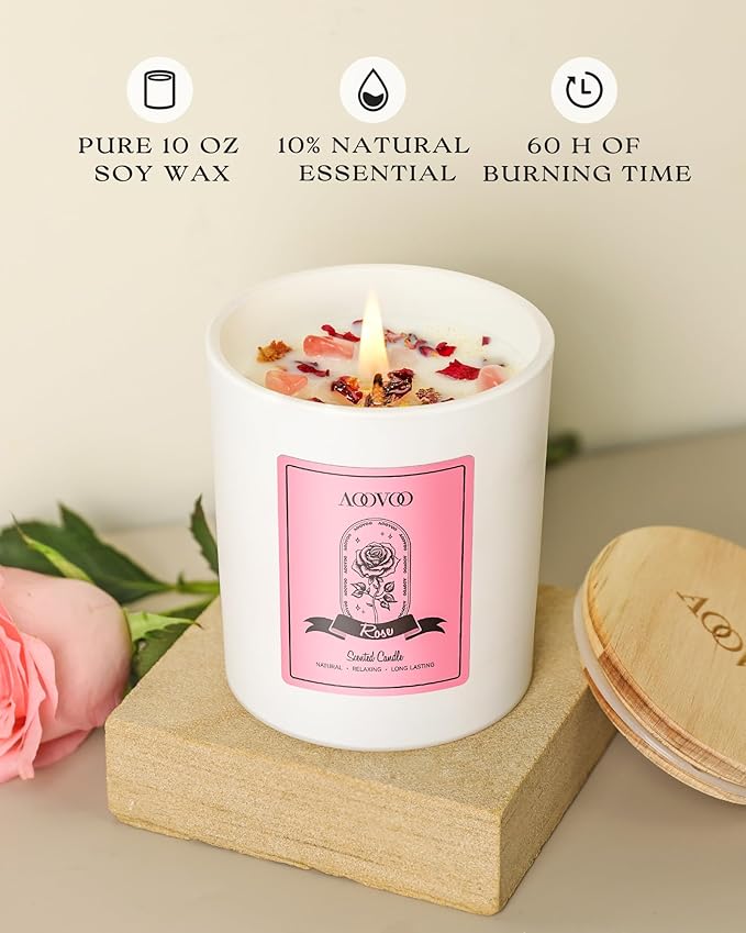 AOOVOO Rose Scented Candles for Women - Aromatherapy Candle with Crystals Inside, 10oz Soy Candles for Home Scented, Birthday Gifts Christmas Candle for Mom Women