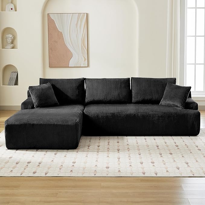 Sectional Cloud Couch for Living Room L Shaped Couch with 3 Seat Ind. Chaise Longue Corduroy Fabric Boneless Modular Modern Sofa with Pillows for Apartment and Small Space