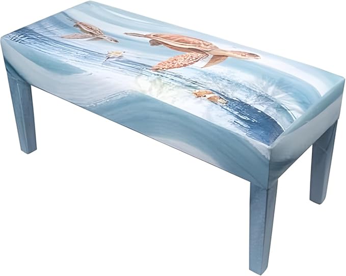 Indoor Bench Coastal Decor Wood Bench Entryway, Bedroom, Bathroom, Living Room, Sun Room Beach Theme Faux Leather Top (Turtle Waves)