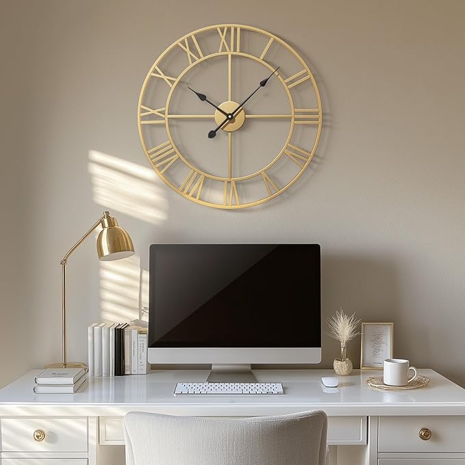 Cuspin Gold Wall Clock, 24 Inch Large Wall Clock for Living Room Kitchen Mantel, Completely Silent Non Ticking Battery-Operated Metal Round Luxury Decorative Modern Clock - Roman Number