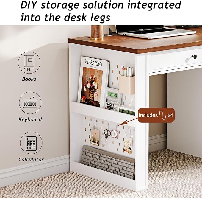 47" Home Office Desks, Executive Desk, Farmhouse Computer Desk with Drawers and Charging Station, File Drawer, Storage Cabinet, Rustic Computer Writing Desk,Antique White