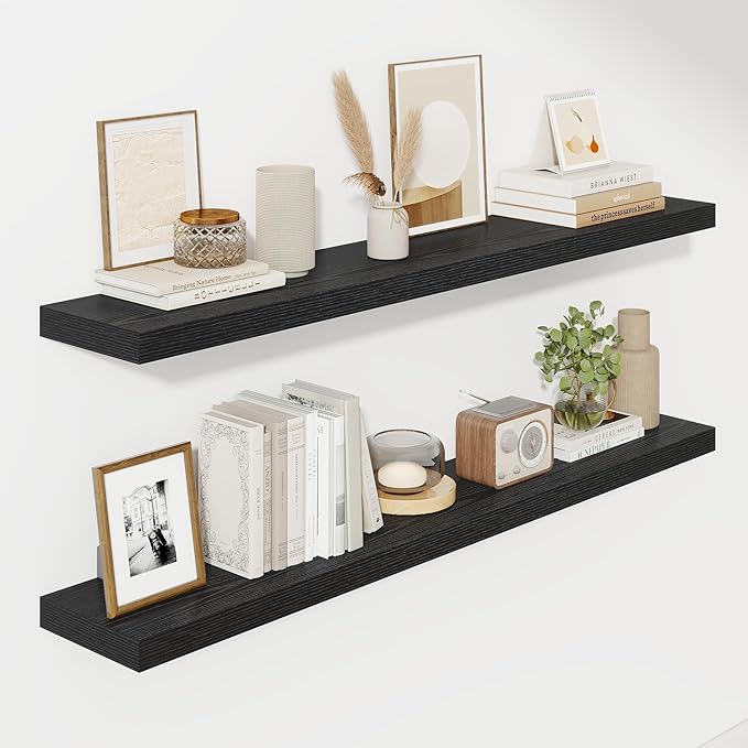 Fun Memories 55 Inch Floating Shelves for Wall, Fireplace Mantel Shelf with Invisible Heavy Duty Bracket, 8 Inch Deep Storage Shelf for Living Room, Kitchen, Farmhouse, Black (2-Pack)