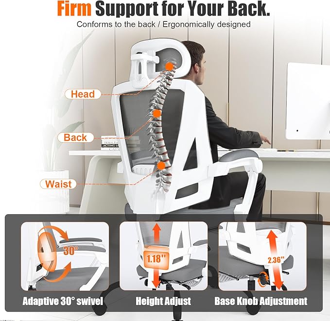 Ergonomic Office Chair with Footrest, High Back Swivel Mesh Desk Chair, Big and Tall Rolling Computer Chair with Headrest, Lumbar Support, 3-Level Tilt Backrest for Home, Bedroom, Work