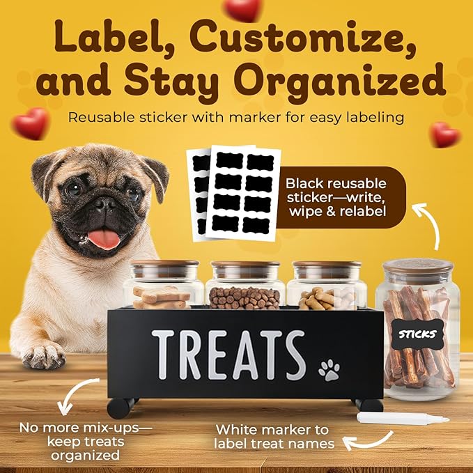 Dog Treat Container - Includes 3 Treat Jar, 1 Treat Bag, Wooden Pet Treat Container, Storage Basket For Pets, Dog Treat Station, with Reusable Sticker & Marker