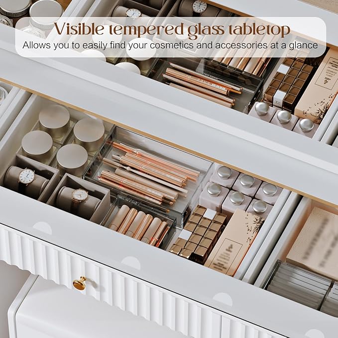 Fluted Makeup Vanity Desk with 46" HD Lighted Mirror,Big Modern Vanity Desk with Mirror and 12 LED Lights, Dressing Table with 11 Drawers, Glass Top for Bedroom,Cream