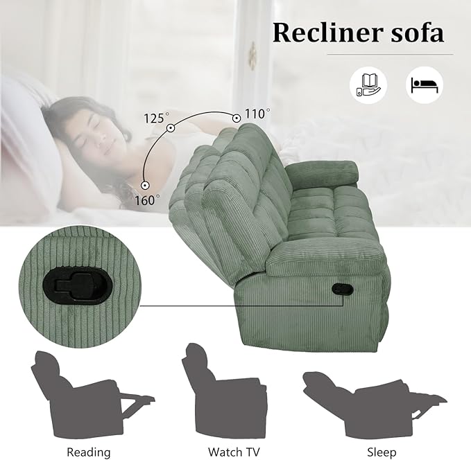 Manual Recliner Sofa Set,Corduroy Reclining Couch Set,Modern Living Room Furniture Set,Reclining Sofa Couch Chair for Living Room Home Office(Green,Sofa+Loveseat)