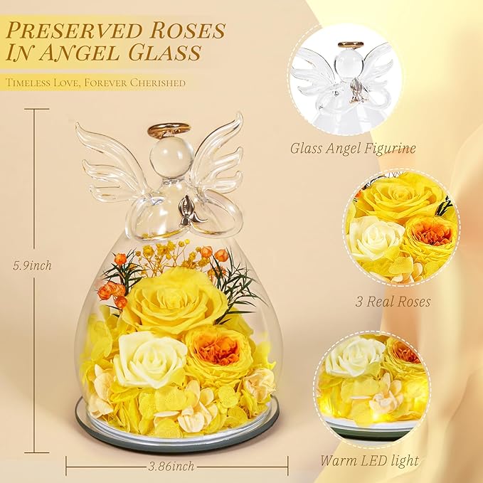 Birthday Gifts for Women Mom Preserved Roses in Glass Angel Figurines Fresh Flowers for Delivery Forever Flowers Eternal Rose Christmas for Grandma Sister Wife Her from Daughter