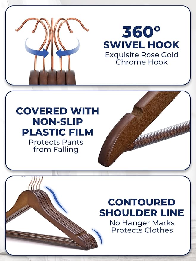 Smartor Wooden Hangers 20 Pack, Solid Wood Coat Hanger for Closet, Heavy Duty Wood Hangers for Suits, Shirts, Dresses, with 360° Rose Gold Hook, Non Slip Pant Bar, Walnut