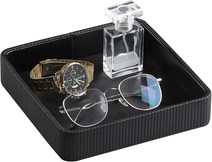 Small Valet Tray, 8"x8" Nightstand Organizer for Women Men| PU Leather Desk Organizer Trinket Dish| Decorative Vanity Tray Catch All Key Bowl for Dresser Bedside Coffee Table Entryway (Black)