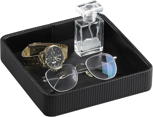 Small Valet Tray, 8"x8" Nightstand Organizer for Women Men| PU Leather Desk Organizer Trinket Dish| Decorative Vanity Tray Catch All Key Bowl for Dresser Bedside Coffee Table Entryway (Black)