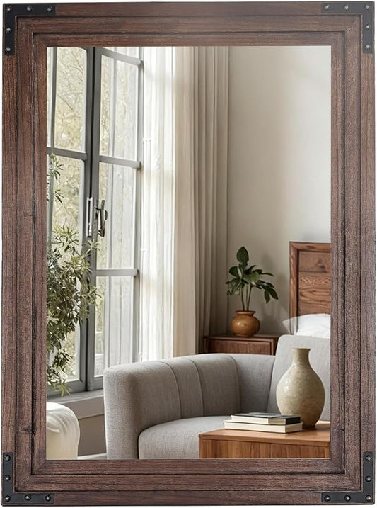Full Length Mirror 40"x30" Solid Wood Frame Floor Standing Mirror, Hanging or Leaning Wall-Mounted for Living Room, Bedroom, Brown