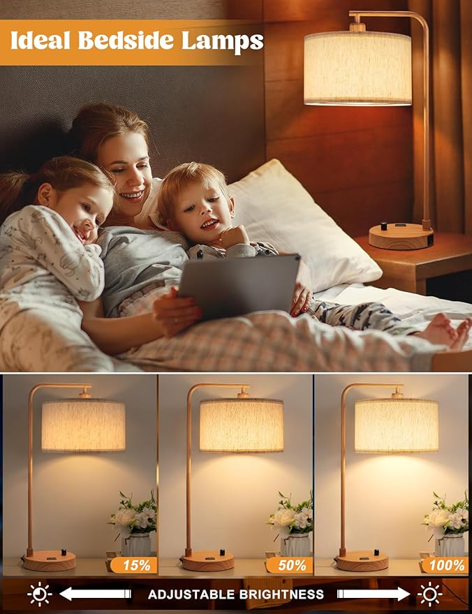 Innqoo Wood Tall Table Lamp with USB Port and Outlet, Dimmable Nightstand Bedside Lamps with Linen Lampshade, Desk Lamp for Bedroom, Living Room, Guest Room, Home Office, LED Bulb Included