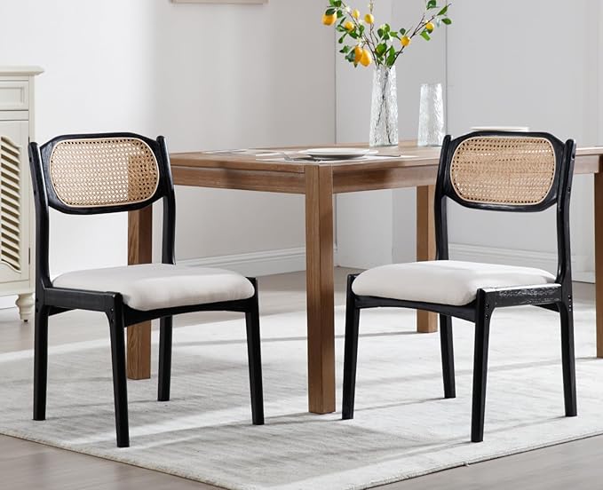 EALSON Farmhouse Rattan Dining Chairs Set of 2 Modern Mid Century Dining Room Chairs Upholstered Linen Kitchen Side Chairs with Cane Back/Black Wood Frame for Living Dining Room,Beige