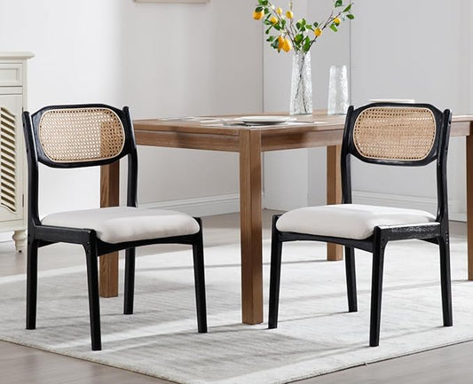 EALSON Farmhouse Rattan Dining Chairs Set of 2 Modern Mid Century Dining Room Chairs Upholstered Linen Kitchen Side Chairs with Cane Back/Black Wood Frame for Living Dining Room,Beige