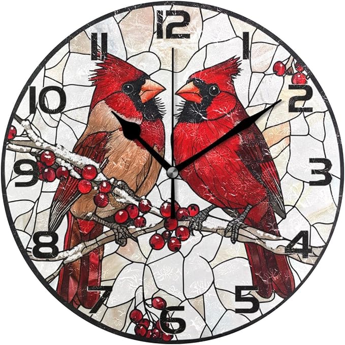 Wall Clocks Decorative Bedroom Silent Living Room Desktop Berry Bird Christmas Tabletop Shelf Clocks Round Battery Operated 10 Inch Non-Ticking