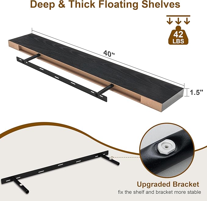 Fun Memories Floating Shelves for Wall, 40Inch Floating Shelves Set of 2, Hanging Shelf with Invisible Brackets, Wood Shelves for Living Room, Bedroom, Kitchen, Black