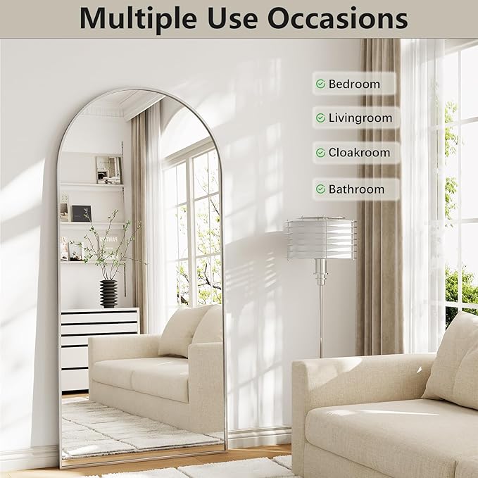 Mirror Full Length, 28"x71" Large Arched Floor Full Length Mirror with Stand, Room Decor Big Full Body Floor Mirror with HD Tempered Glass Aluminum Frame for Bedroom Living Room, Silver