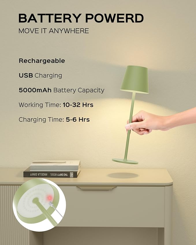 Cordless Table Lamps Rechargeable, 3 Adjustable Height, 5000mAh Battery Operated, 3 Colors Smooth Dimming, Portable LED Waterproof Table Lamp for Kitchen, Bedroom, Outdoor (2 Pack-Mint Green)
