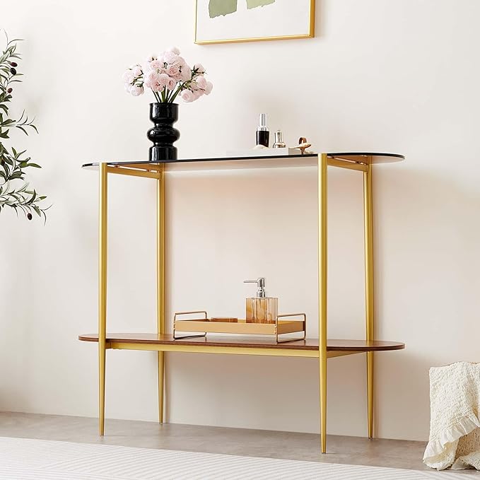 Oval Glass Console Table for Living Room, Foyer & Entrance, 2-Tiers Mid-Century Modern Sofa Table with Amber Glass Top, Walnut Finish Wood Top and Gold Finish Metal Frame