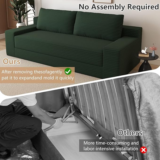 Cloud Loveseat Sofa, Modern Corduroy 2-Seater Couch with Deep Seat, No Assembly Required Memory Foam Sofa, Boneless Sofa in a Box for Bedroom, Apartment, Office,Small Space (Green,70.87in)
