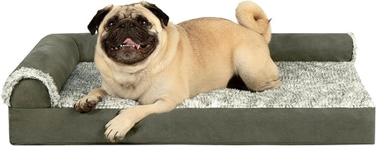 Furhaven Orthopedic Dog Bed for Medium/Small Dogs w/ Removable Bolsters & Washable Cover, For Dogs Up to 35 lbs - Two-Tone Plush Faux Fur & Suede L Shaped Chaise - Dark Sage, Medium