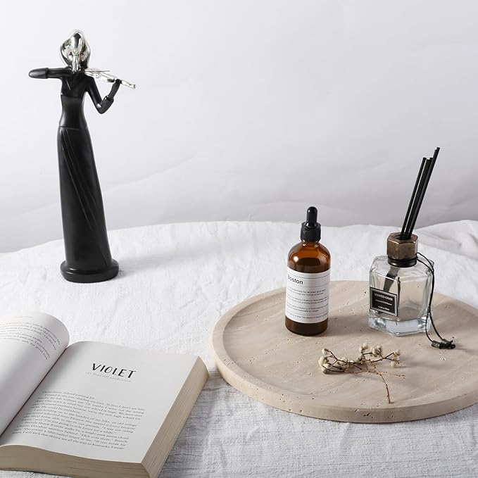 Travertine Tray, 11.8"x0.8" Round Serving Tray for Kitchen and Coffee Table, Bathroom Trays for Counter, Decorative Vanity Trays, Catchall Fruit and Snack, Light Beige Ottoman Tray