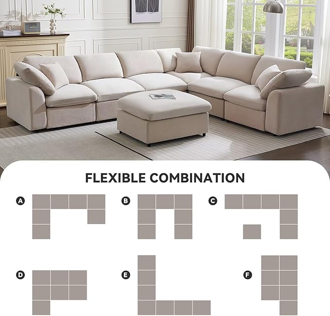 Modular Sectional Sofa Modern Oversized Chenille Cloud Couch with Movable Ottoman 7 Seater L-Shaped Sofas Comfy Couches for Living Room Spacious Space Office Lounge, Beige