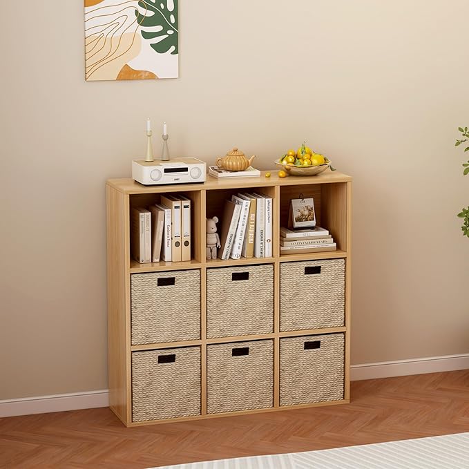 9-Cube Storage Shelf Bookcase - Wooden 3-Tier Floor Standing Open Bookshelf for Home and Office, Display Cabinet, Oak