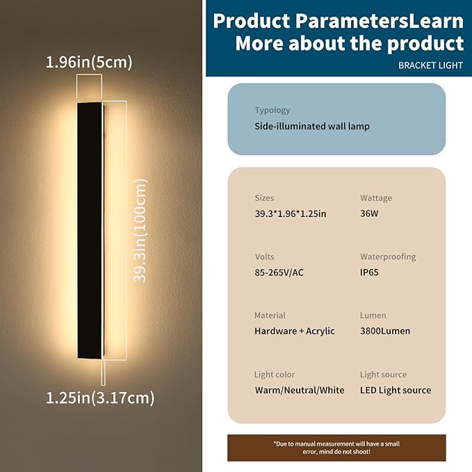 2 Pack 39.3inch Modern Outdoor Wall Sconce, 3 CCT 3000K/4500K/6000K, IP65 Waterproof Long Strip Exterior Light, 36W, Black Outside Garden Lighting for Porch, Patio, Fence, Yard