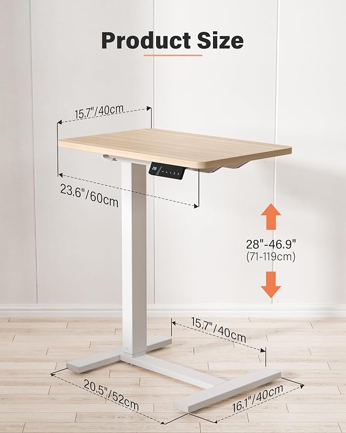 FiCiHi Small Electric Standing Desk - Adjustable Height Bedside Laptop Table with Wheels, Mobile, Portable Rolling Computer Cart,Movable, Home Office, Sofa, Couch Use(24x16,Maple)