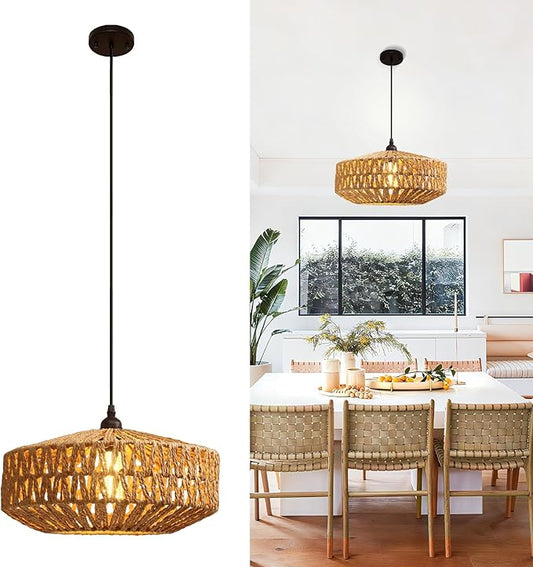 14'' Natural Rattan Chandelier Small Rattan Pendant Light -Farmhouse Boho Hanging Light with Included E27 Bulb, 120V Wicker Chandelier for Dining Room Bedroom Living Room Island