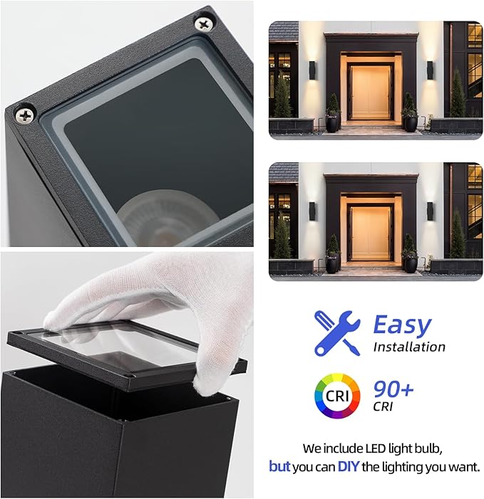 tewei LED Outdoor Wall Sconce Lights Modern Exterior Lighting Fixtures with 7W LED Bulbs, Matte Black Square Up and Down Outdoor Lights for House Front Porch Garage, Warm White 3000K, 6 Pack