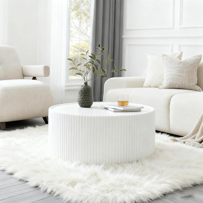 White Round Coffee Table with Sintered Stone Tabletop, 29.52" Drum Coffee Table with Fluted PU Leather Covered and Stable Base, Circle Cocktail Tea Table for Living Room