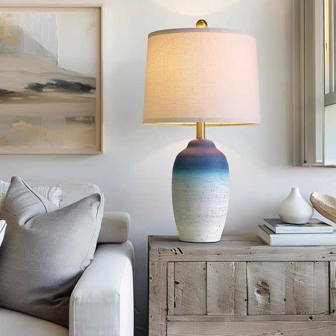 24.5" Vintage Ceramic Table Lamp - Single Farmhouse Rustic Bedside Lamp with Natural Textured Finish, Nightstand Lamps for Living Room, Bedroom, End Table, Office White and Blue