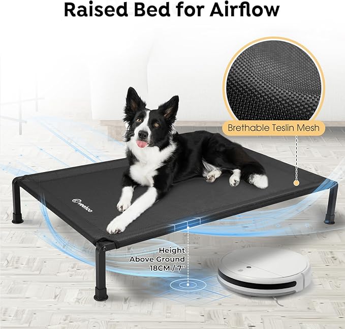 Veehoo Heavy Duty Elevated Dog Bed - Raised Dog Cot with Washable & Breathable Teslin Mesh, Non-Slip Silicon Feet, Cooling for Indoor or Outdoor Use, 29" x 18", Black