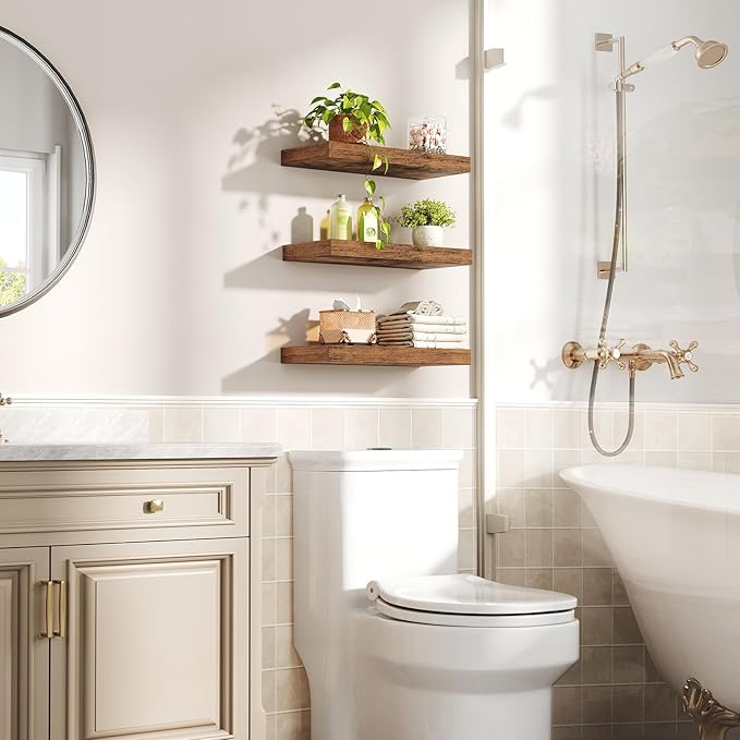 Floating Shelves for Wall, 1.5" Thick Wall Shelf Set of 3 with Invisible Brackets, 15.7L x 7.9W Hanging Shelves Farmhouse Home Decor for Bathroom, Living Room, Bedroom, Rustic Brown 4301BJP3BF