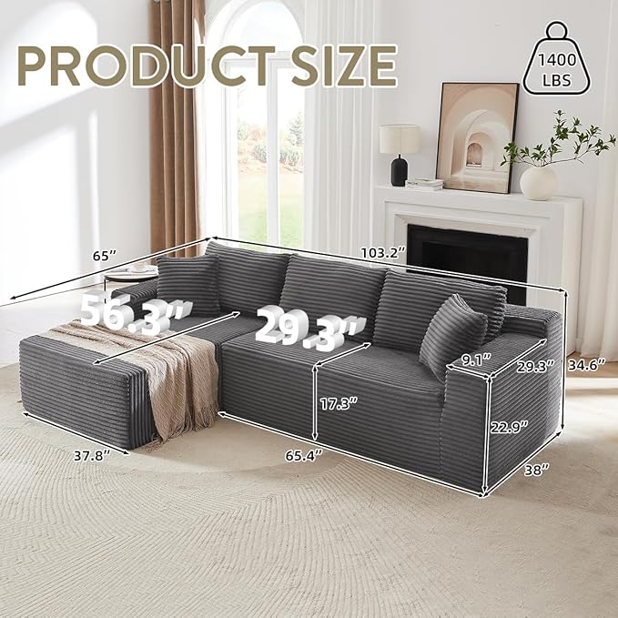 104 Inch Cloud Sectional Couch with L-Shape Chaise,Modern Upholstered Couches with Deep Seat,Corduroy Sponge Compressed Sofa for Living Room,No Assembly Required (Dark Grey)
