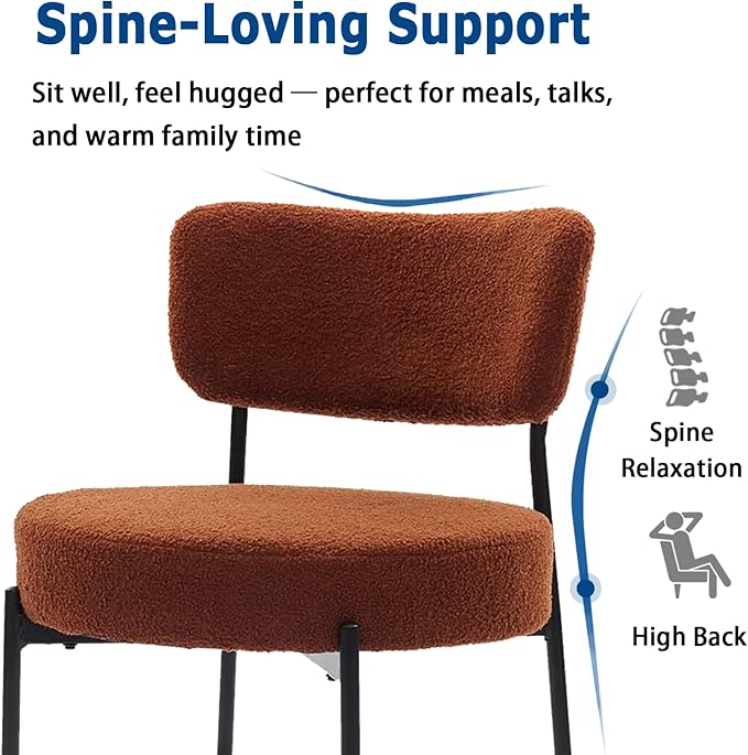 Brown Boucle Dining Chairs Set of 6, Upholstered Dinner Chair with Metal Frame, Dining Room Chairs with Padded Seat, Round Modern Seating for Living Room