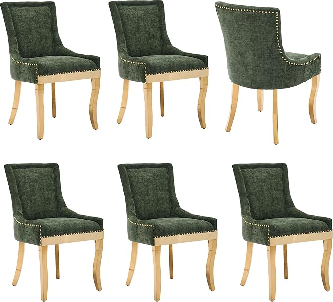 Luxury Fabirc Upholstered Dining Chairs Set of 6,Neutral Chenille Kitchen Room Chair with Nailhead Trim,6 Piece Modern Side Chairs for Dining Room,Living Room,Bar (Olive Green-Gold, Set of 6)