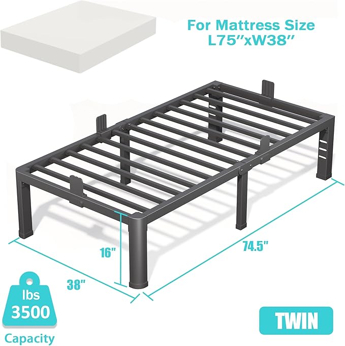 16 Inch Twin Bed Frame with Rounded Corner and Headboard Hole Mattress Retainers 3500 lbs Heavy Duty Support Metal Platform Bed Frame Noise Free No Box Spring Needed Easy Assembly