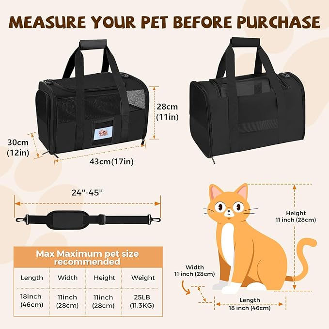 Pet Carrier 17Lx12Wx11H inches, Airline Approved,Pet Travel Carrier Bag for Small Cats and Dogs, Soft Dog Carrier for 1-25 LBS Pets,Dog Cat Carrier with Safety Lock Zipper (Black)