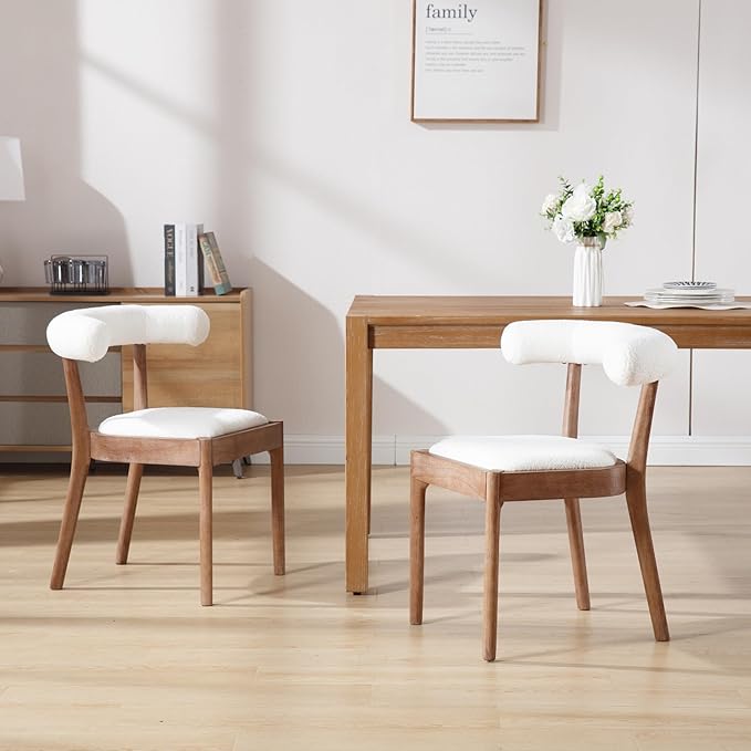 Kmax Dining Room Chairs Mid-Century Modern Sherpa Kitchen Chairs with Natural Walnut Finished Frame, Fur Curved Back, Set of 6, White